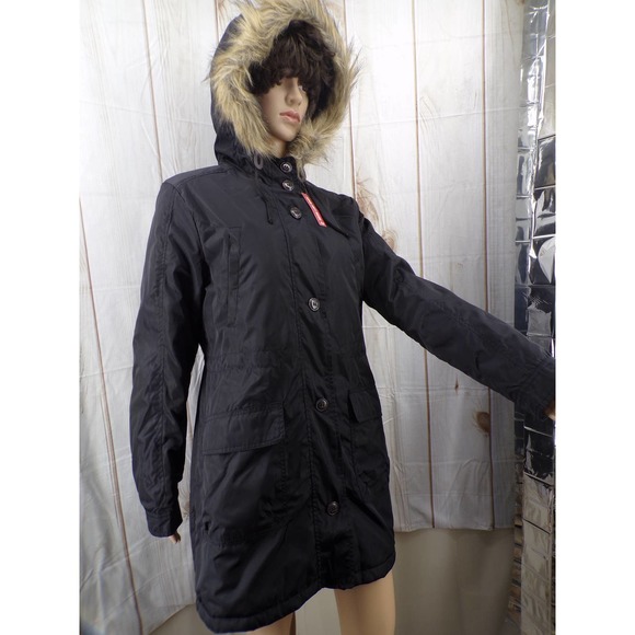 Arizona Jeans Co. Womens Black Jacket Faux Fur Hood Quilt Lining Rain Slick Med - Picture 1 of 11